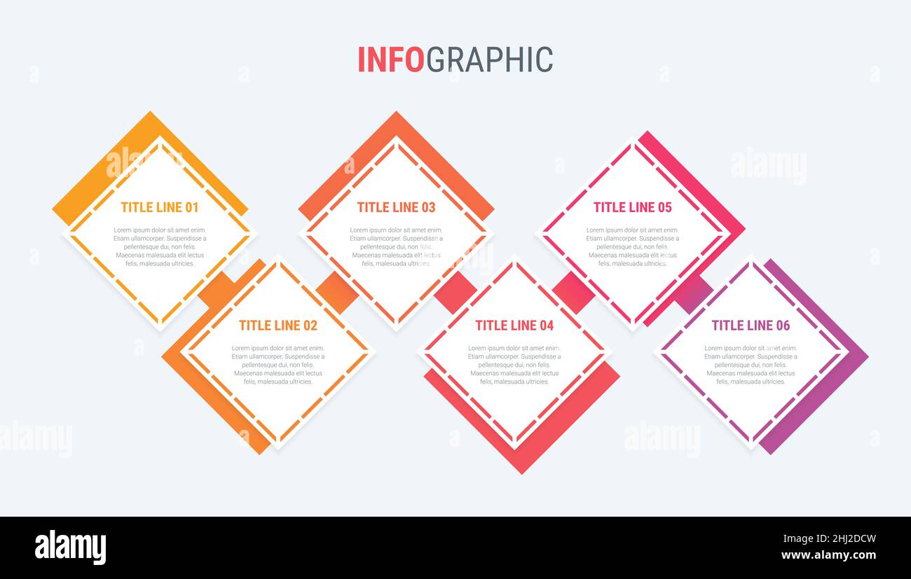 Diagramma rosso, modello infografico. Timeline con 6 opzioni. Processo del flusso di lavoro quadrato per le aziende. Disegno vettoriale. Illustrazione Vettoriale