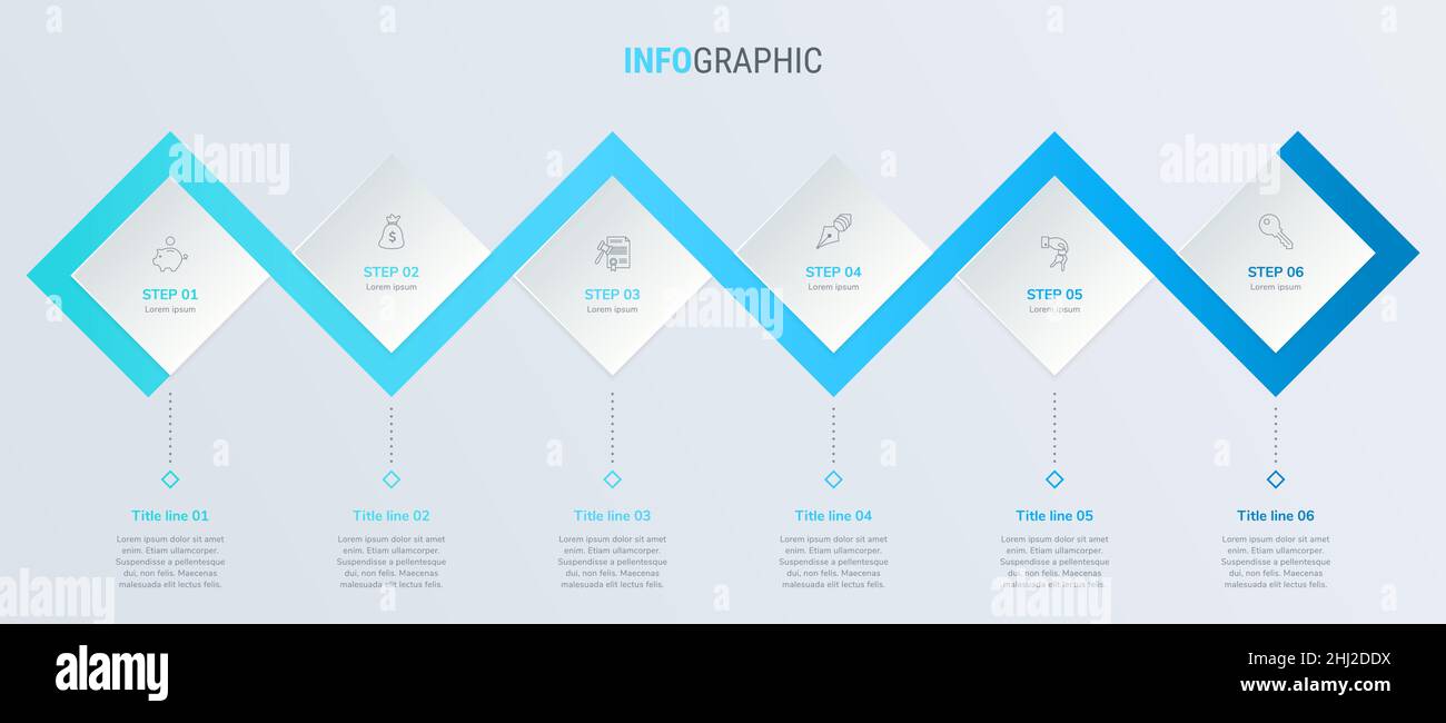 Vettore di disegno infografico della timeline blu. 6 opzioni, layout del flusso di lavoro quadrato. Modello di timeline infografica vettoriale. Illustrazione Vettoriale