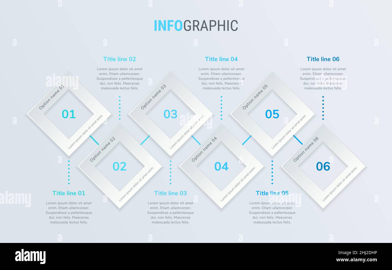 Modello infografico astratto di business Square con 6 opzioni. Diagramma blu, timeline e pianificazione isolati su sfondo chiaro. Illustrazione Vettoriale