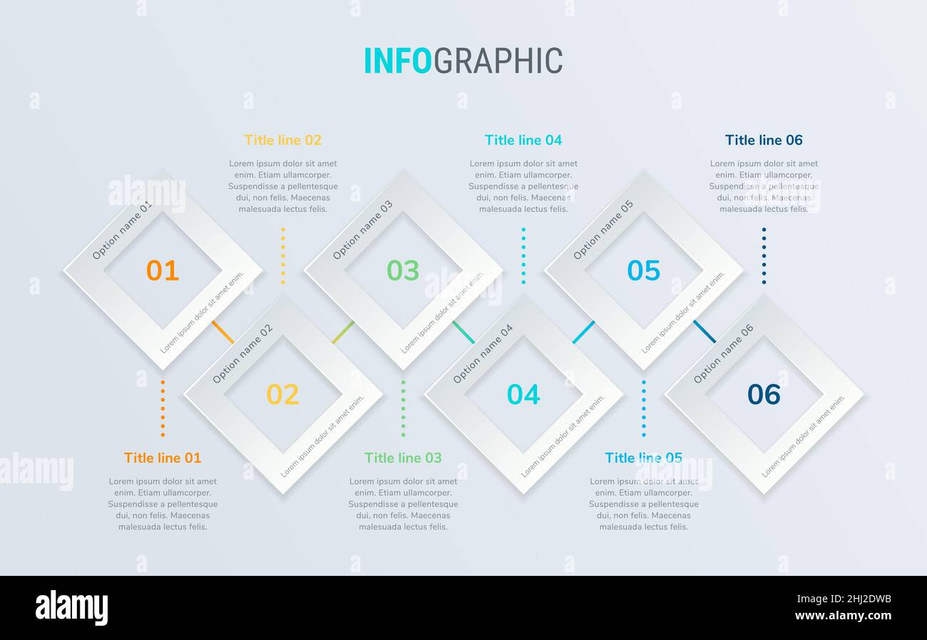 Modello infografico astratto di business Square con 6 passaggi. Diagramma colorato, timeline e pianificazione isolati su sfondo chiaro. Illustrazione Vettoriale