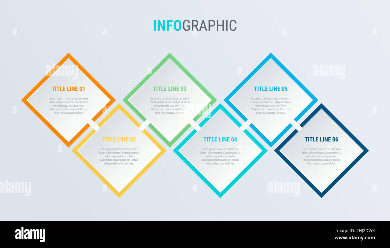 Diagramma a colori, modello infografico. Timeline con 6 passaggi. Processo del flusso di lavoro quadrato per le aziende. Disegno vettoriale. Illustrazione Vettoriale