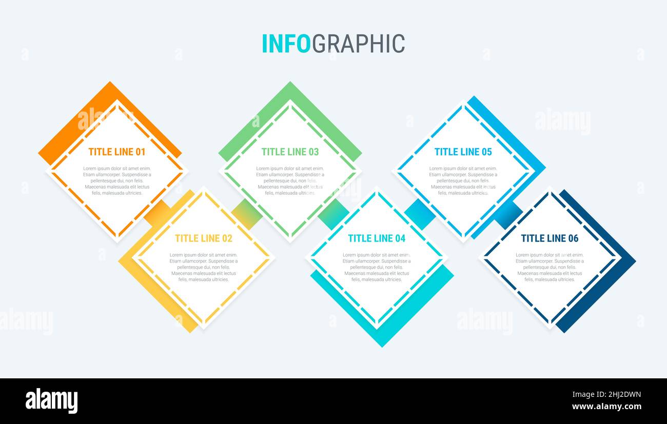 Schema colorati, modello infografico. Timeline con 6 opzioni. Piazza del processo del flusso di lavoro per il business. Il design del vettore. Illustrazione Vettoriale