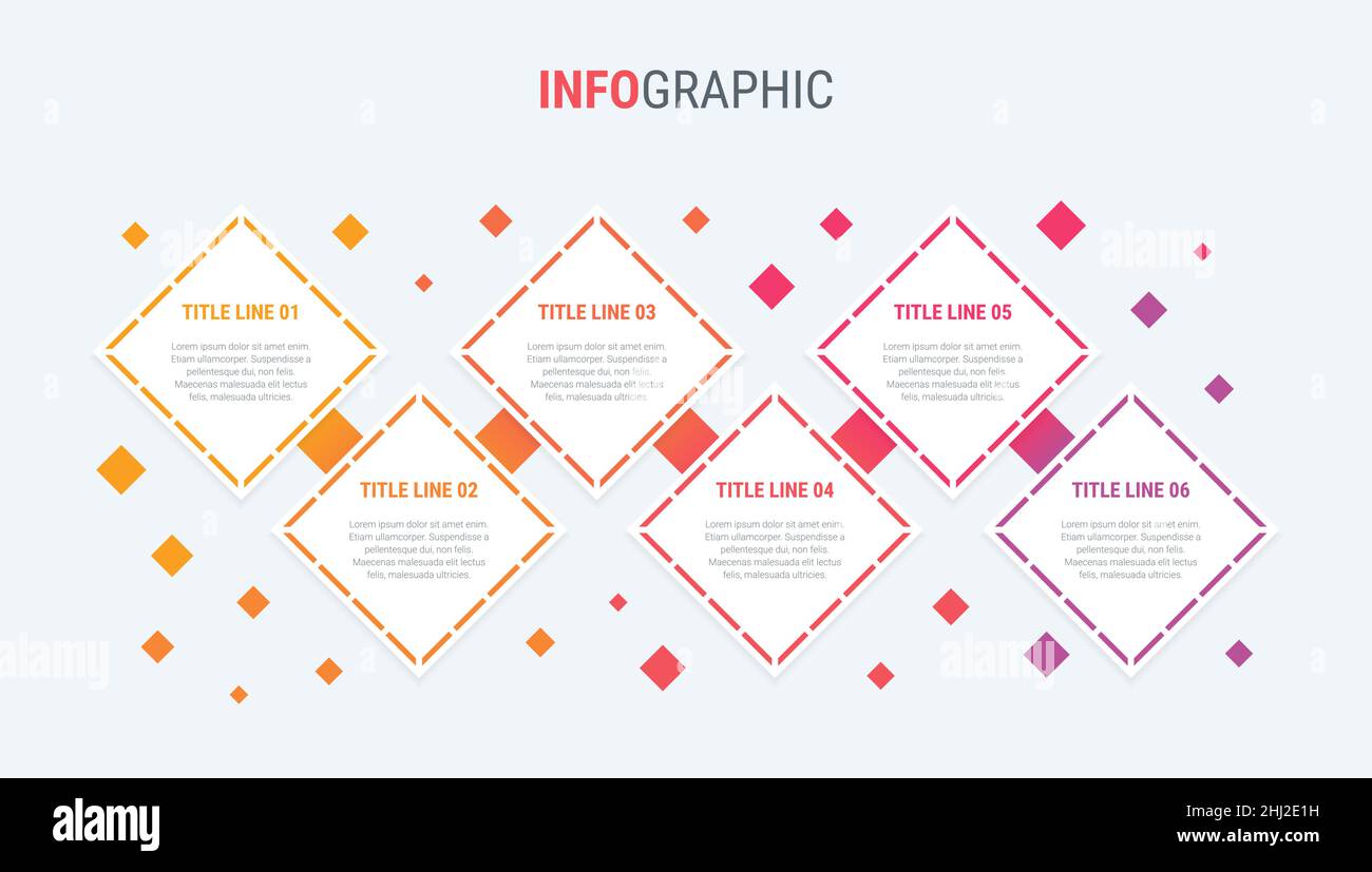 Modello infografico rosso. 6 opzioni di design quadrato. Elementi della timeline vettoriale per le presentazioni. Illustrazione Vettoriale