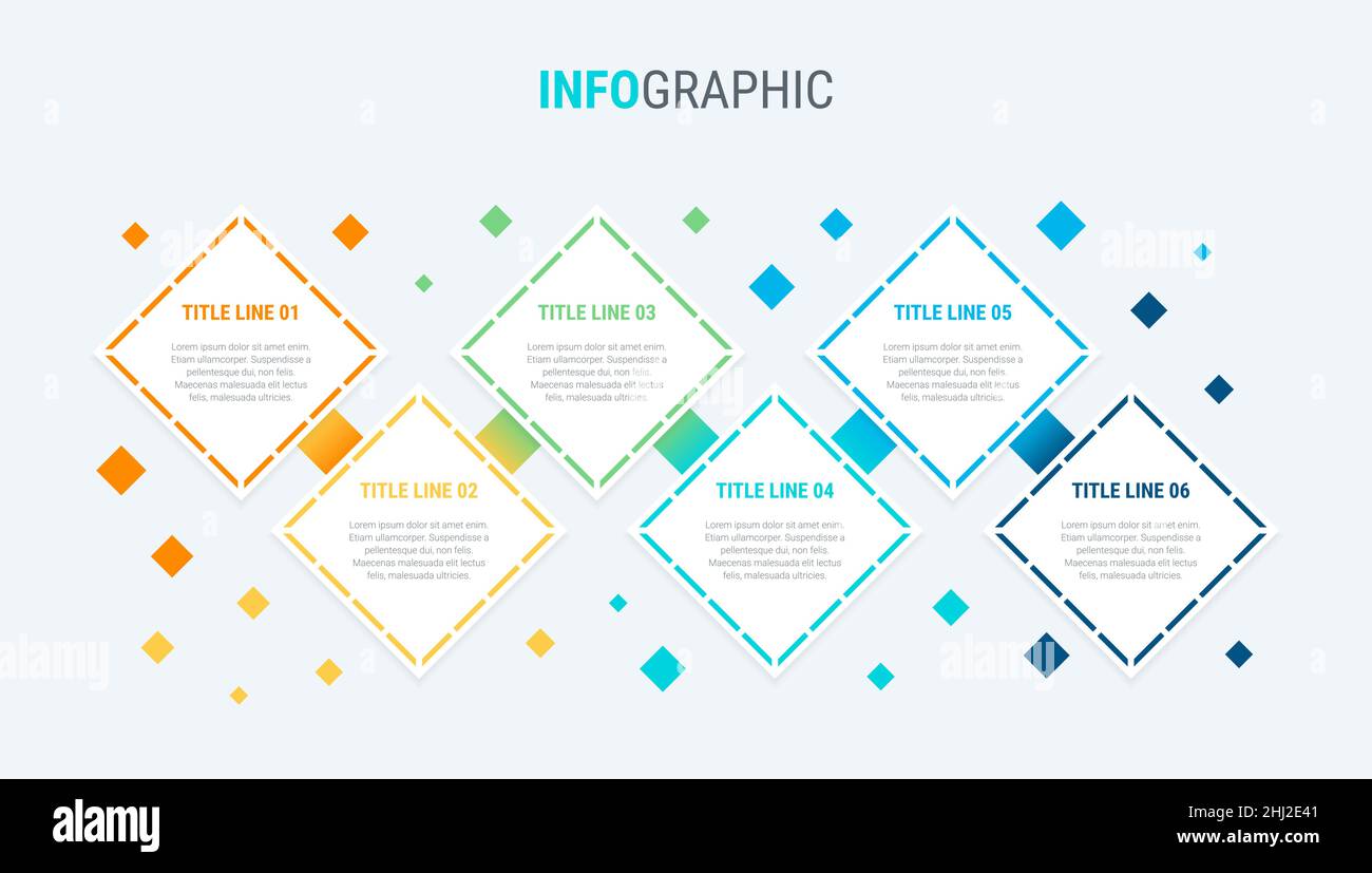 Modello infografico. 6 opzioni di design quadrato con bei colori. Elementi della timeline vettoriale per le presentazioni. Illustrazione Vettoriale