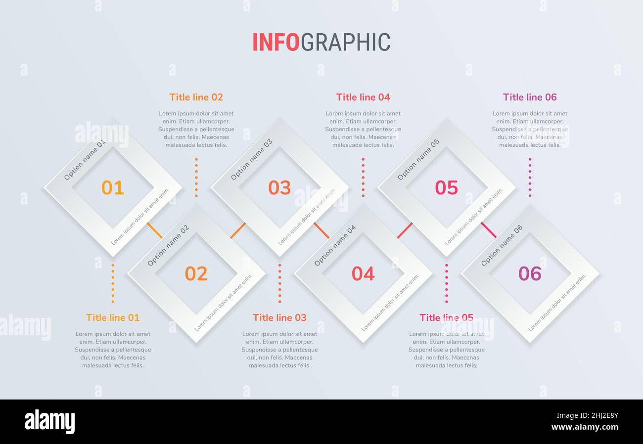 Modello infografico astratto di business Square con 6 opzioni. Diagramma rosso, timeline e pianificazione isolati su sfondo chiaro. Illustrazione Vettoriale