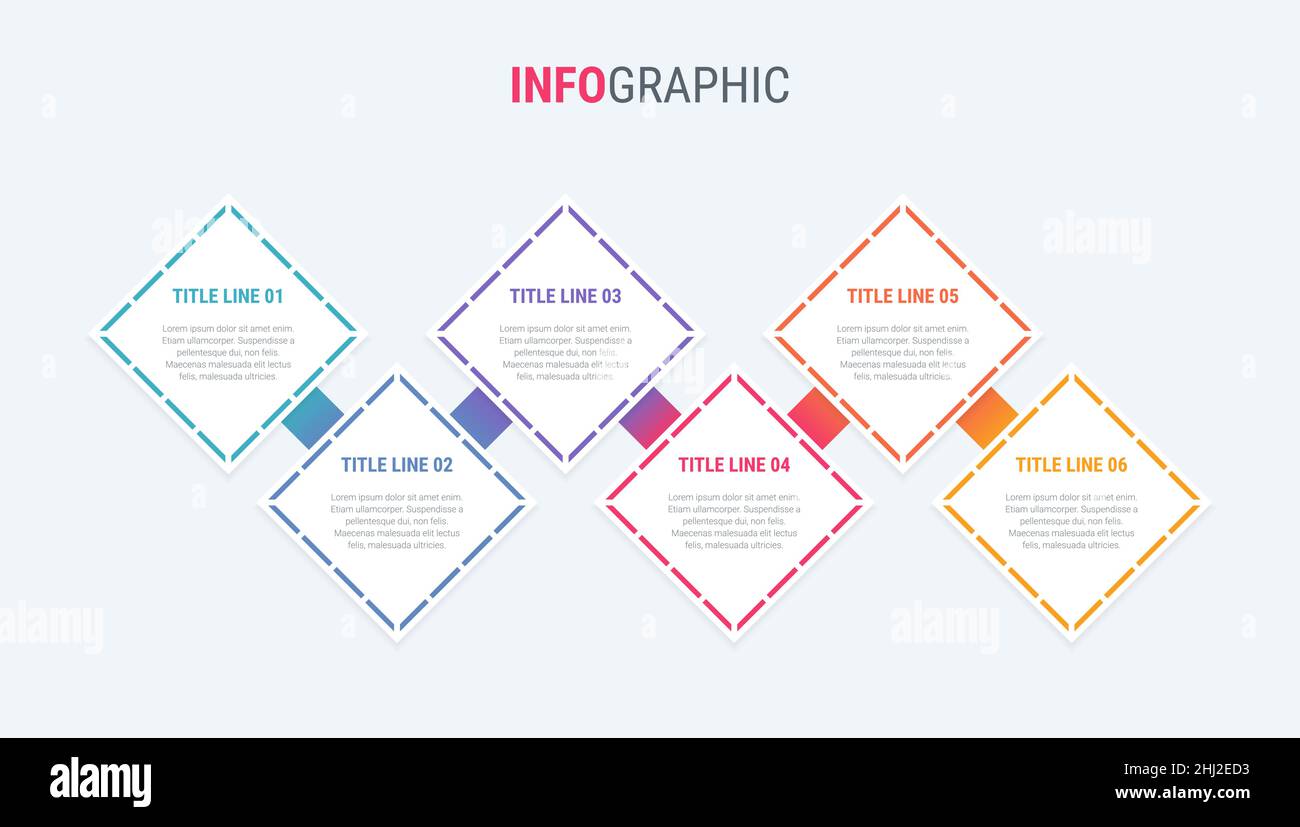 Modello infografico. 6 fasi di design quadrato con bellissimi colori. Vettore di elementi di sequenza temporale per le presentazioni. Illustrazione Vettoriale