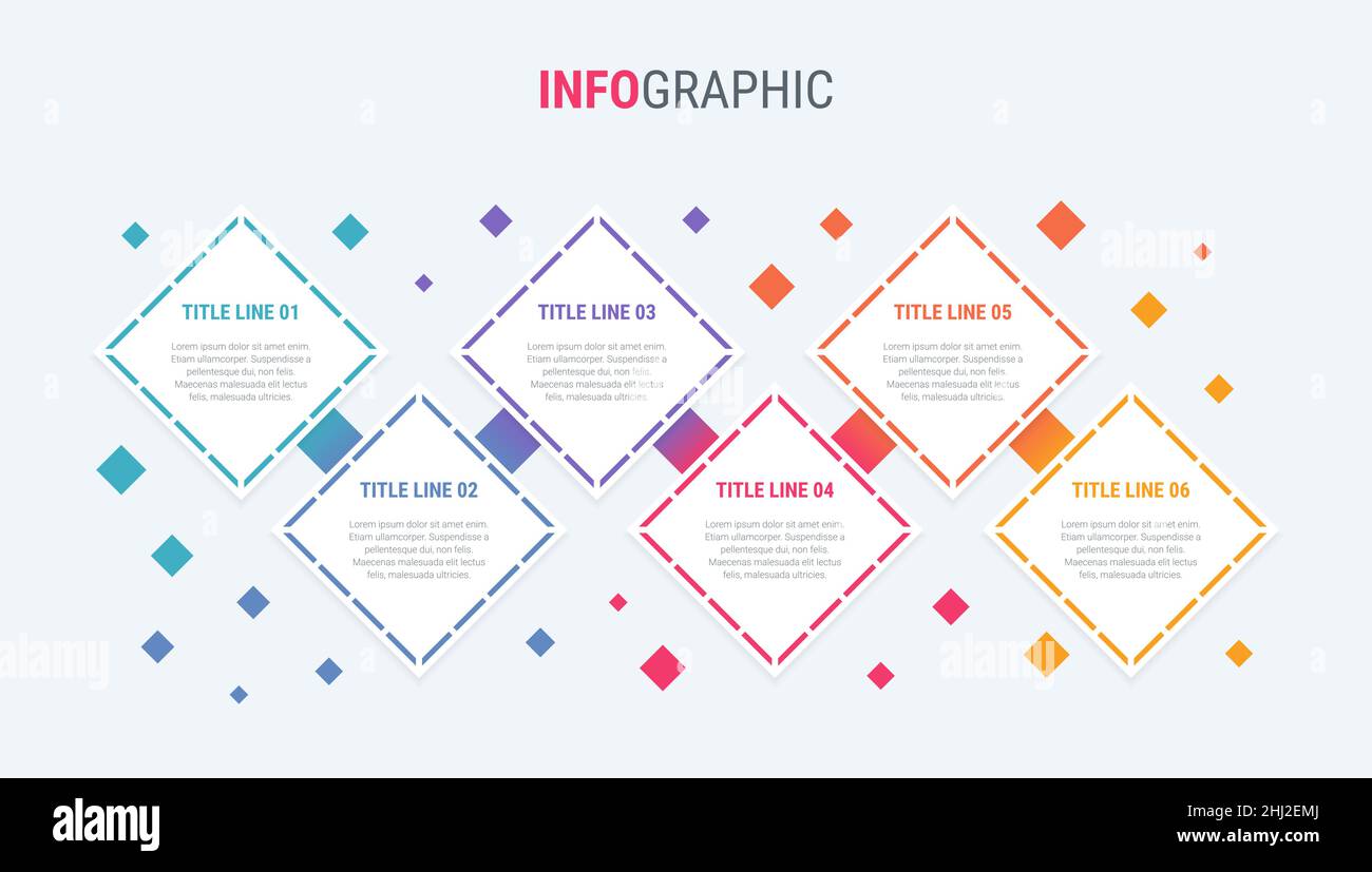 Modello infografico. 6 opzioni di design quadrato con bei colori. Elementi della timeline vettoriale per le presentazioni. Illustrazione Vettoriale