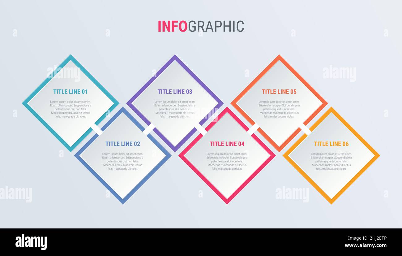 Diagramma a colori, modello infografico. Timeline con 6 passaggi. Processo del flusso di lavoro quadrato per le aziende. Disegno vettoriale. Illustrazione Vettoriale