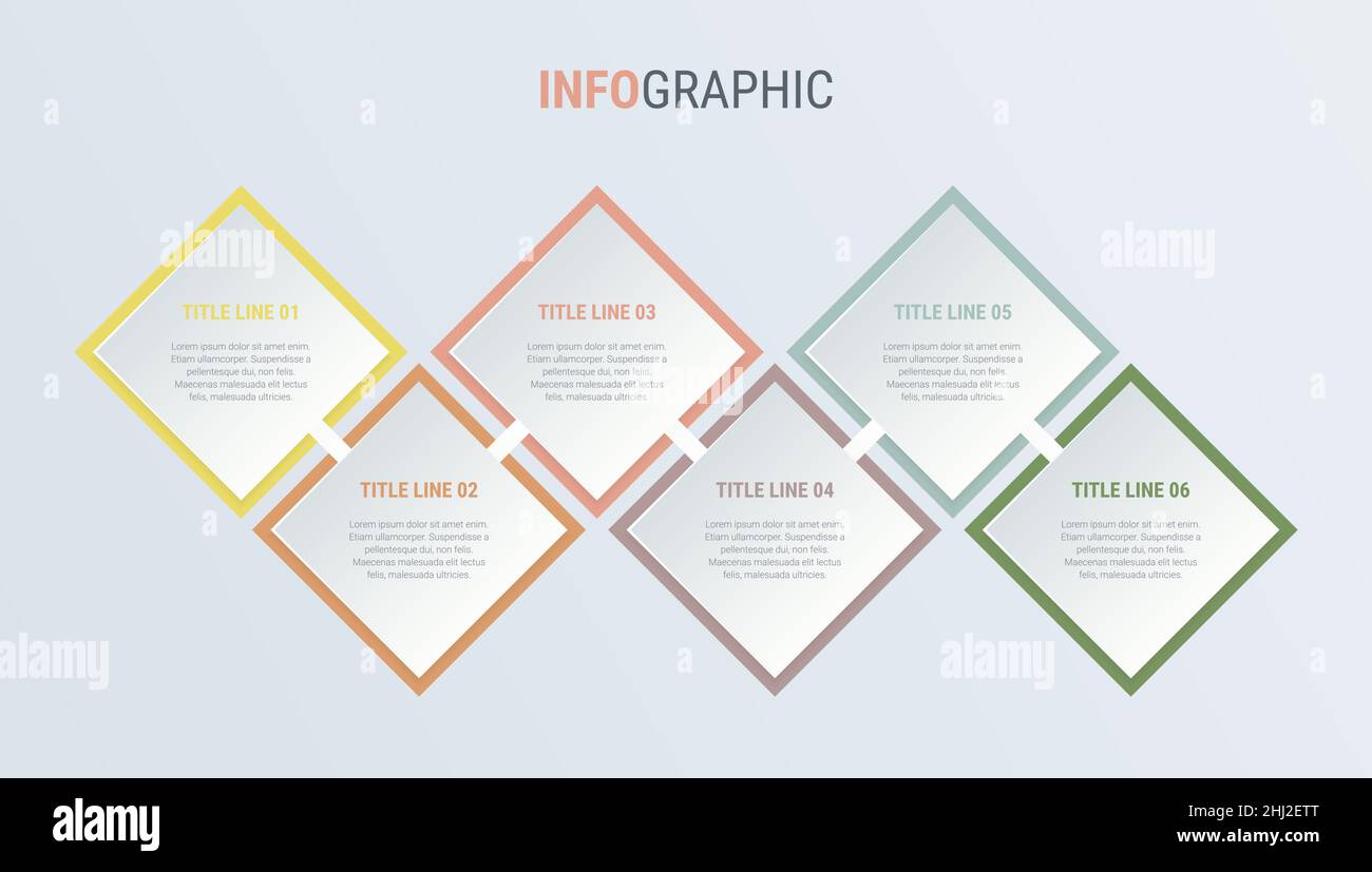 Diagramma dei colori vintage, modello infografico. Timeline con 6 passaggi. Processo del flusso di lavoro quadrato per le aziende. Disegno vettoriale. Illustrazione Vettoriale