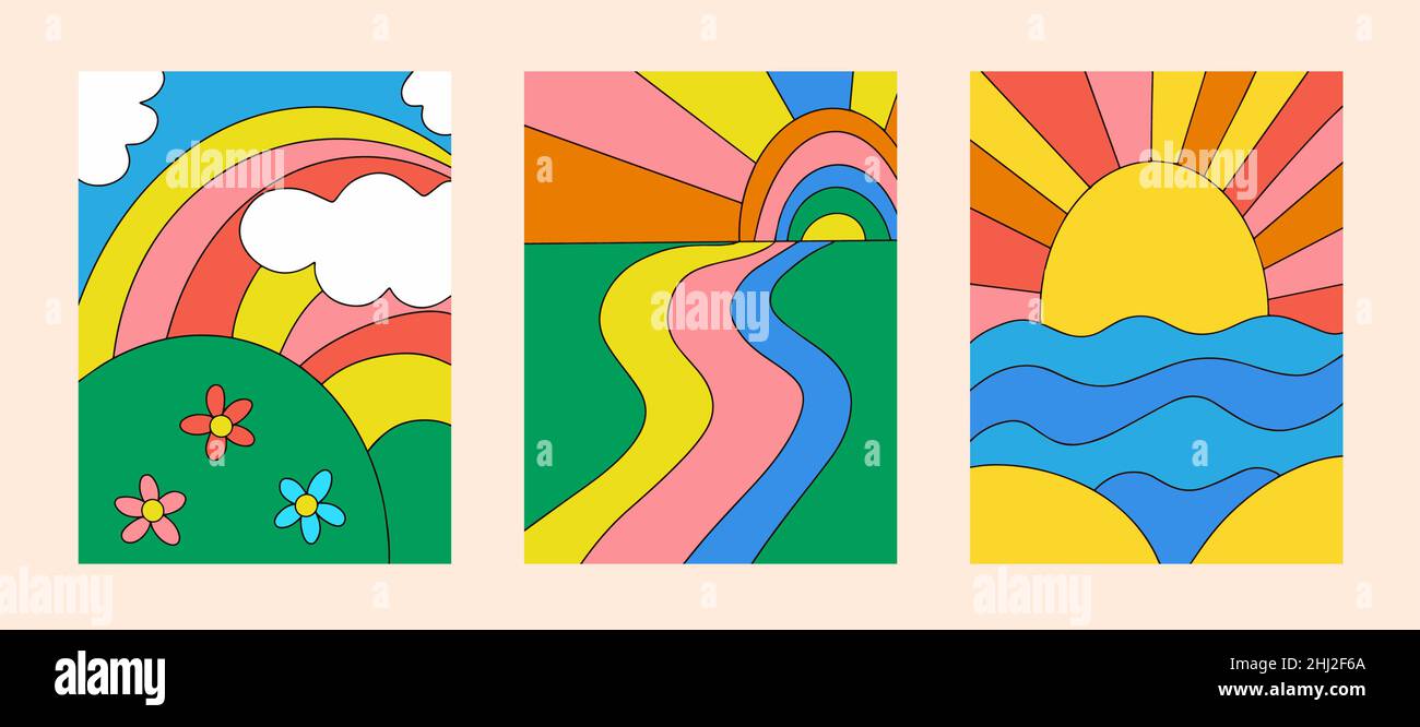 Paesaggi psichedelici poster con montagne stilizzate, arcobaleno, mari. Retro 70s, 60s hippie stile cover. Illustrazione vettoriale Illustrazione Vettoriale
