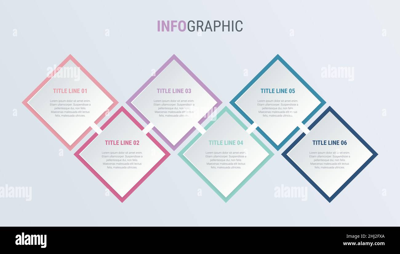 Diagramma dei colori vintage, modello infografico. Timeline con 6 passaggi. Processo del flusso di lavoro quadrato per le aziende. Disegno vettoriale. Illustrazione Vettoriale