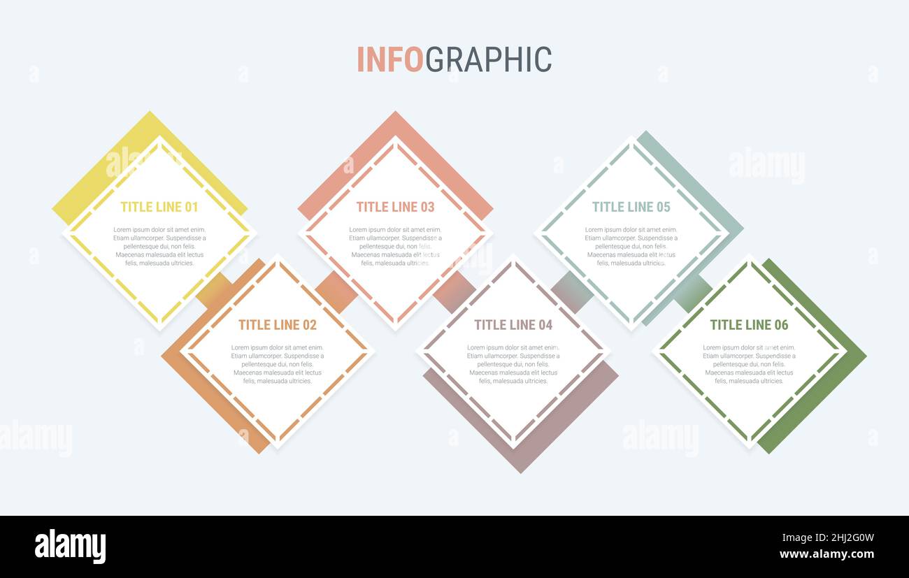 Diagramma a colori, modello infografico. Timeline con 6 opzioni in colori vintage. Processo del flusso di lavoro quadrato per le aziende. Disegno vettoriale. Illustrazione Vettoriale