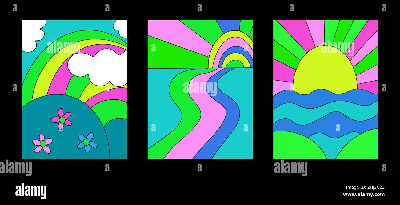 Paesaggi psichedelici poster con montagne stilizzate, arcobaleno, mari. Retro 70s, 60s hippie stile cover. Illustrazione vettoriale Illustrazione Vettoriale