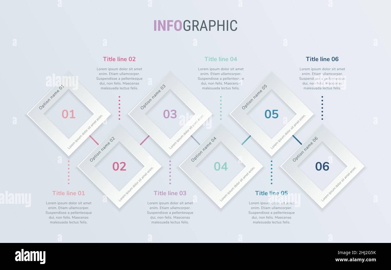 Modello infografico astratto di business Square in colori vintage, con 6 opzioni. Diagramma colorato, timeline e pianificazione isolati su sfondo chiaro. Illustrazione Vettoriale
