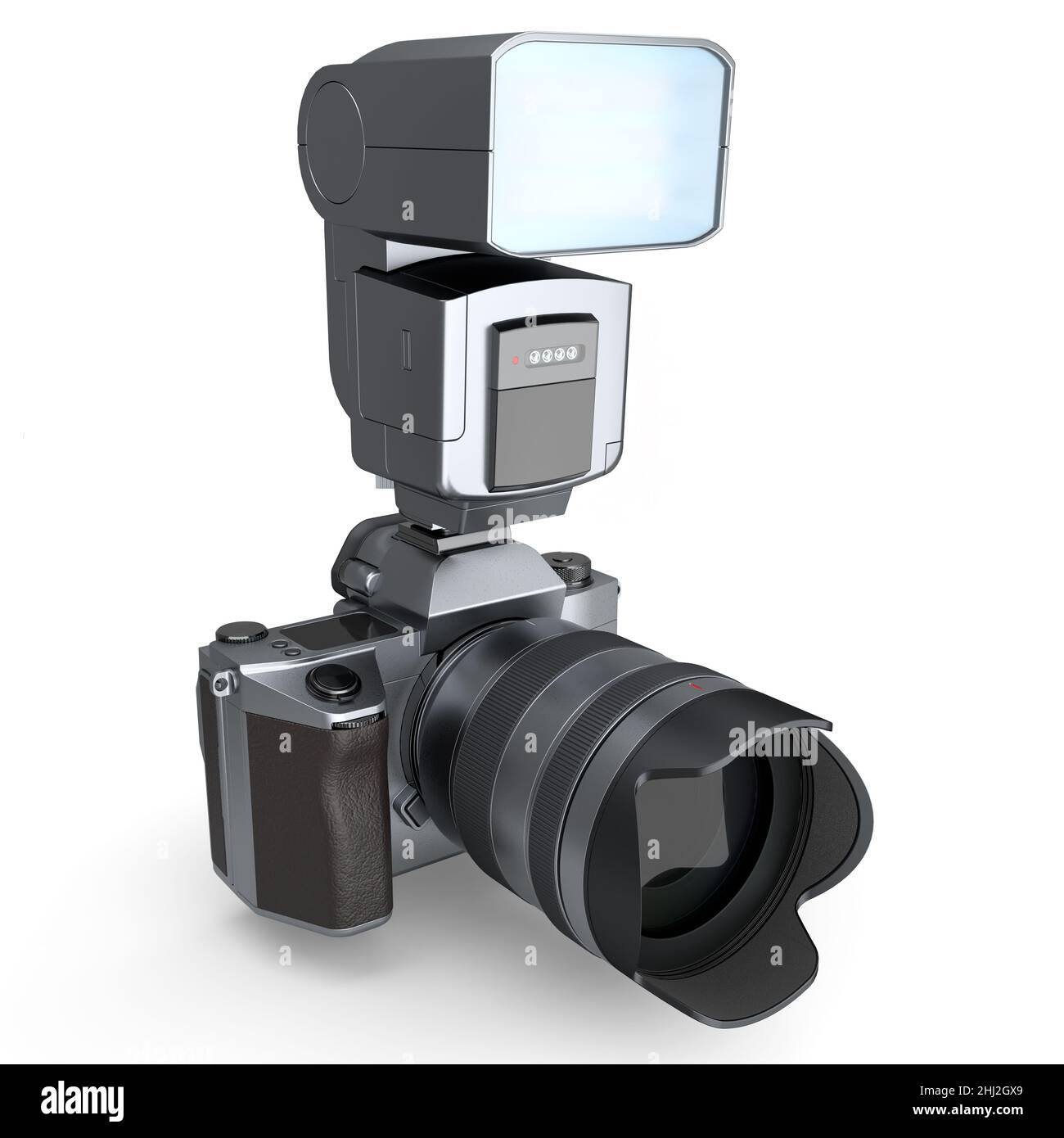 Fotocamera DSLR inesistente con obiettivo e flash esterno speedlight bianco. Foto Stock