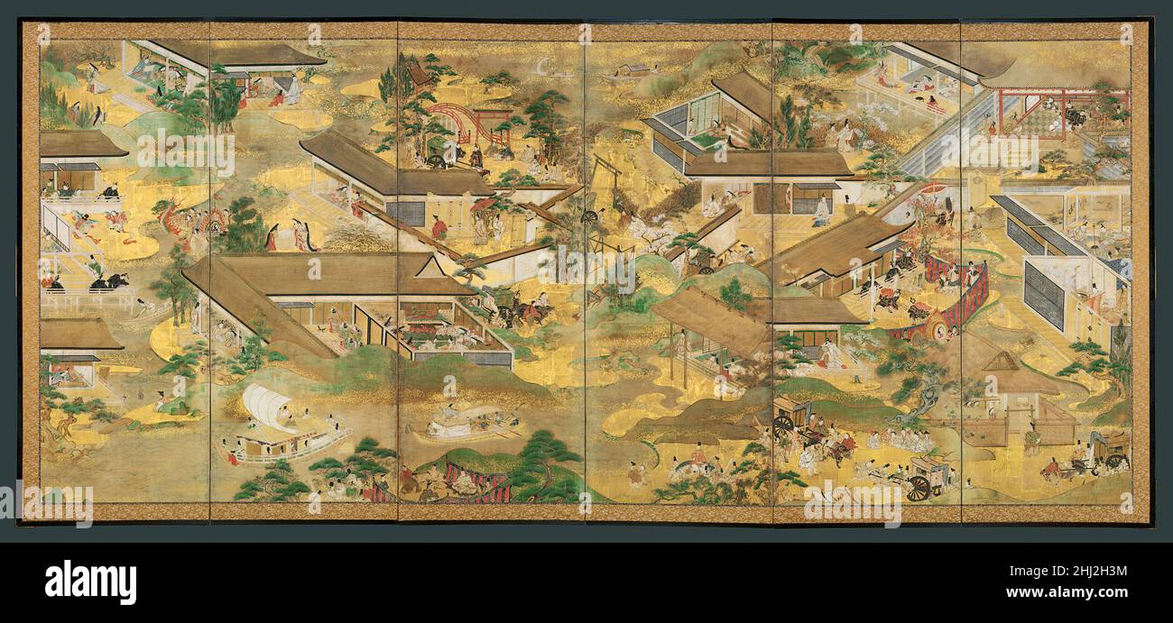 Cinquantaquattro scene dalla Tale di Genji fine 17th secolo Giappone il capolavoro letterario dell'XI secolo la Tale di Genji è ambientato quasi interamente nella capitale di Kyoto e nei suoi dintorni. Qui, le scene di tutti i cinquantaquattro capitoli appaiono in sequenza su due schermate, da destra a sinistra e dall'alto verso il basso, in una composizione che trascende i cambiamenti di tempo, stagione e impostazione. La convenzione dei “tetti soffiati” (fukinuki yatai) permette di ammirare gli interni, la maggior parte dei quali palazzi nobiliari. Luoghi famosi come il ponte iconico sul fiume Uji (in alto a sinistra dello schermo sinistro), così Foto Stock