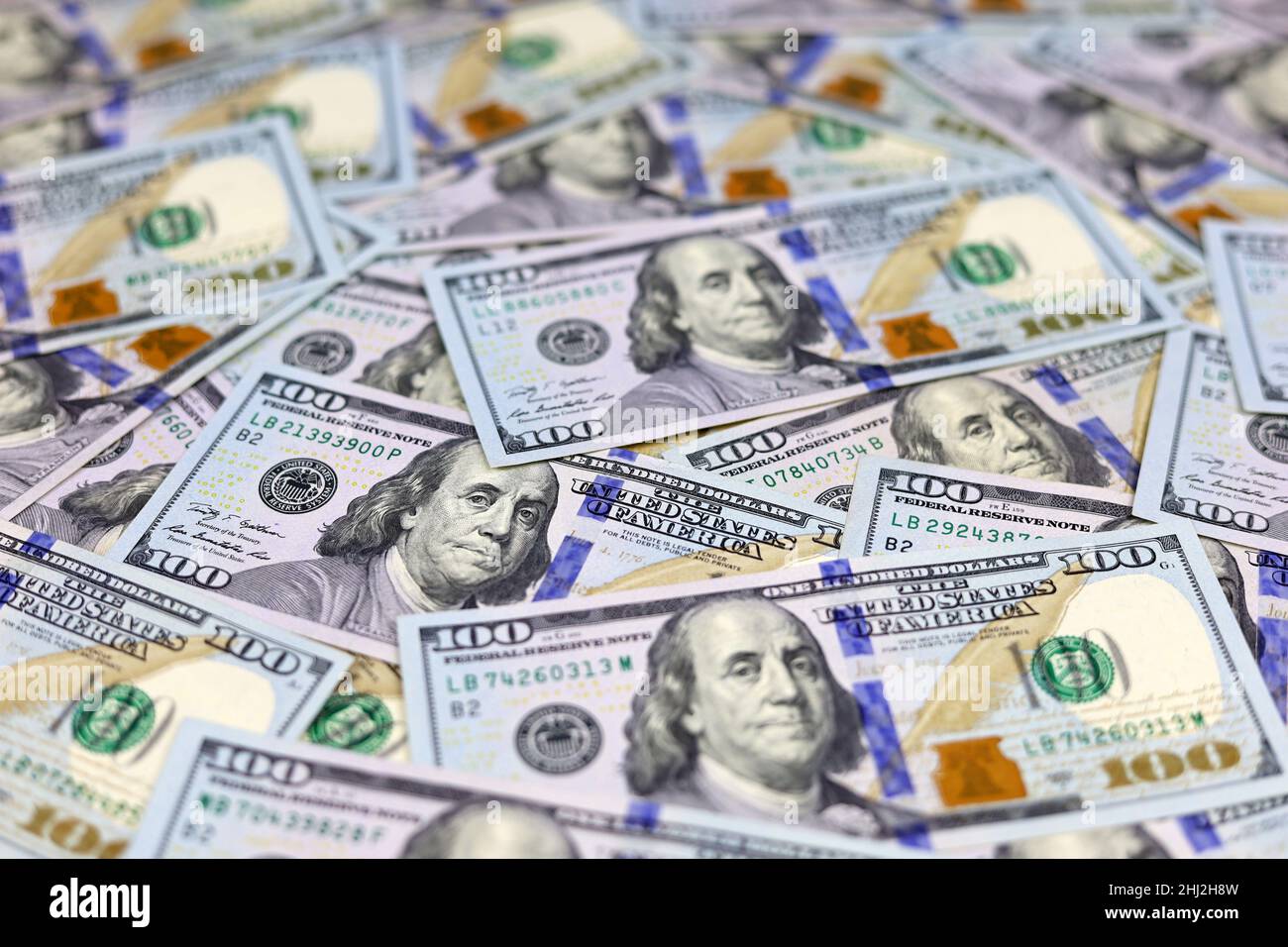 Banconote in dollari USA, valuta cartacea per sfondo, focus selettivo. Concetto di economia americana e globale, tasso di cambio Foto Stock