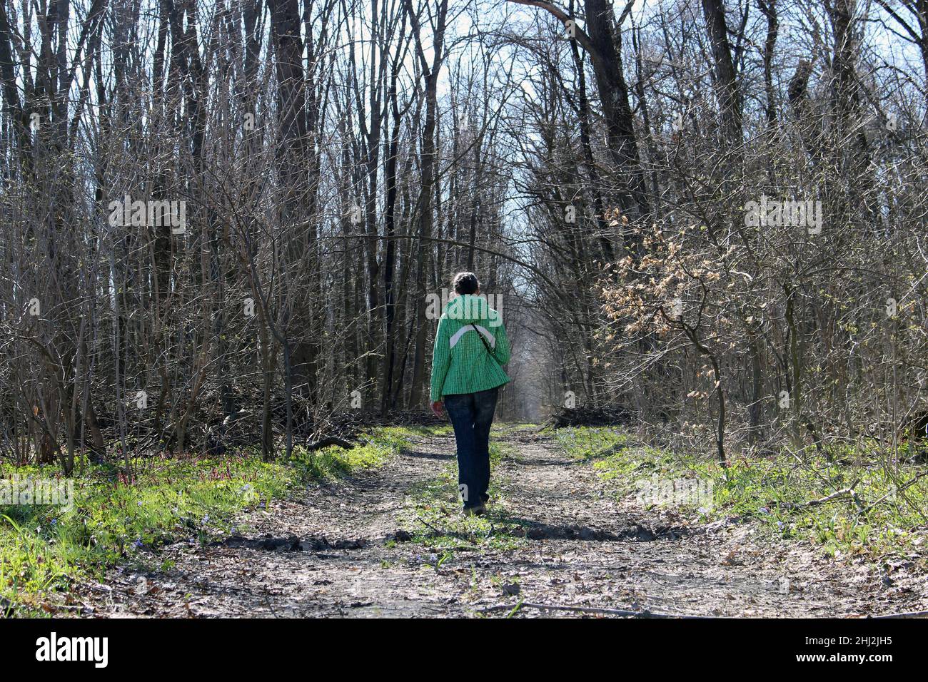 Una donna cammina lungo una strada forestale. Foresta primaverile. Foto Stock