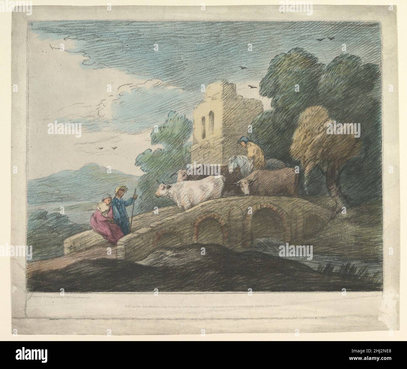 Paesaggio boschivo con pastori che guidano bestiame su un ponte, amanti rustici e rovinato Castello 1797 Thomas Gainsborough britannico. Paesaggio boscoso con pastori che guidano bestiame su un ponte, amanti rustici e rovinati Castello 382180 artista: Thomas Gainsborough, britannico, Sudbury 1727?1788 Londra, Editore: Ripubblicato da John & Josiah Boydell, Londra, paesaggio boscoso con pastori che guidano bestiame su un ponte, amanti rustici e rovinato Castello, 1797, Soft-Ground Etching, mano-colorato; terzo stato di tre, piastra: 12 7/8 x 15 1/2 poll. (32,7 x 39,4 cm) foglio: 14 1/16 x 16 7/8 pollici (35,7 x 42,9 cm). Il Foto Stock