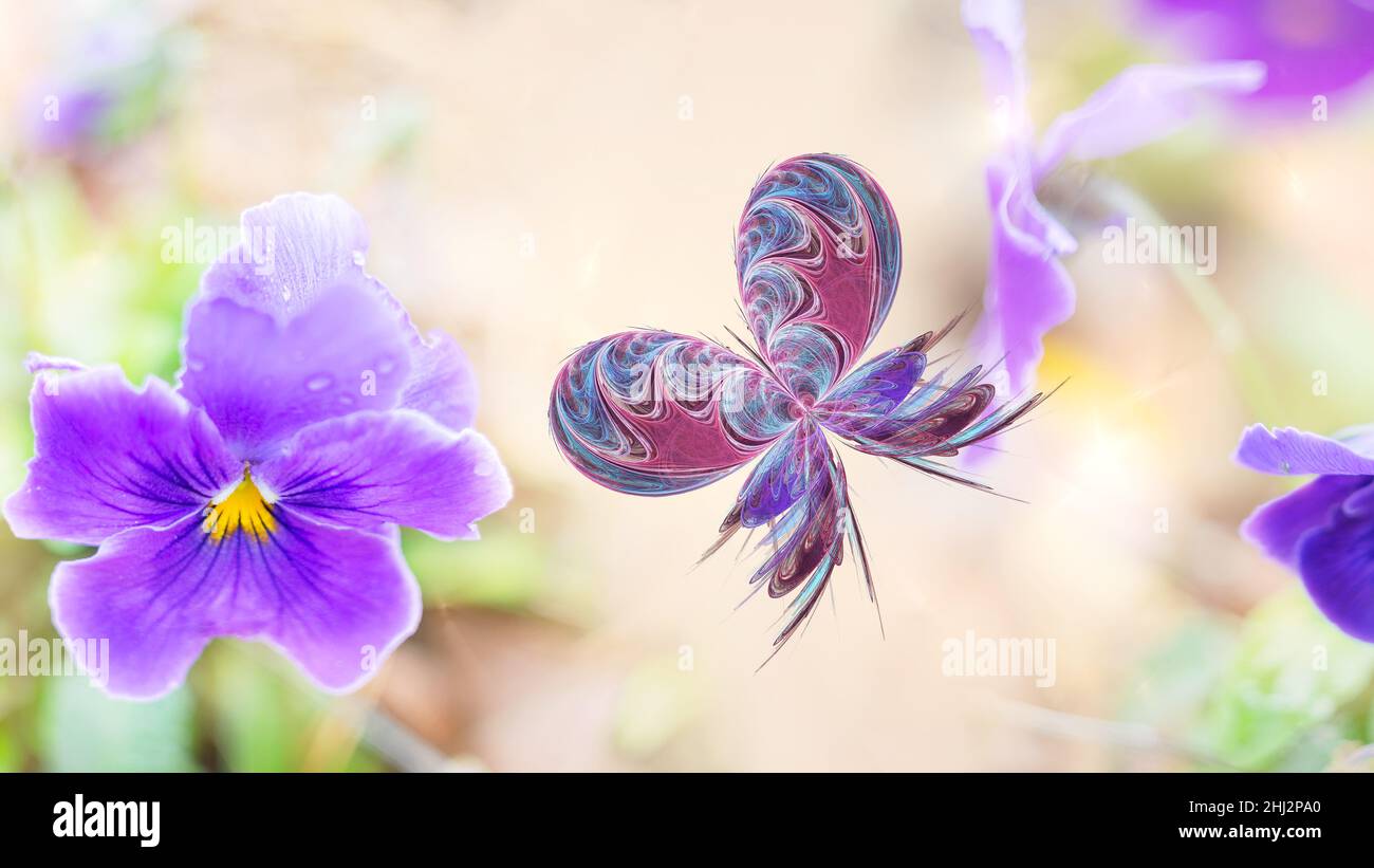Sfondo naturale non focalizzato con violetti in fiore e una farfalla frattale Foto Stock