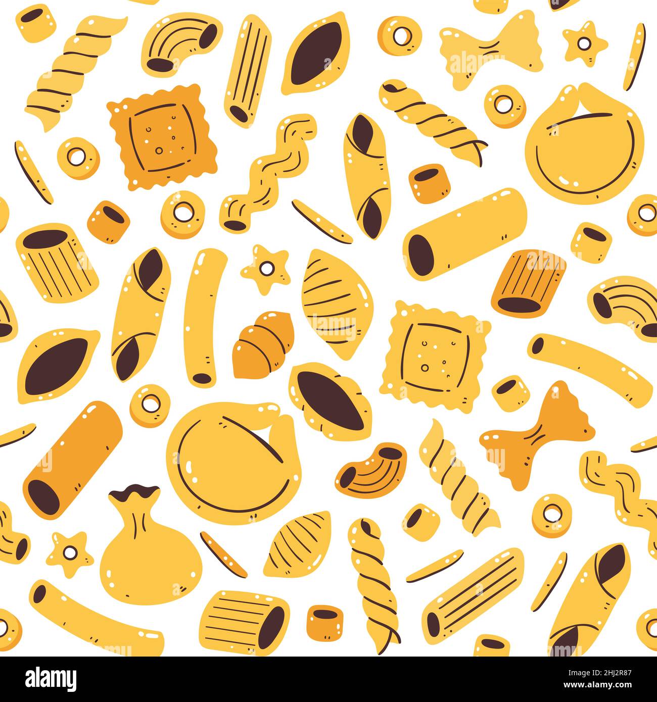 Pasta italiana senza cuciture. Spaghetti e Macaroni. Ingredienti per cucinare illustrazione. Ingredienti colorati isolati disegnati a mano. Illustrazione Vettoriale