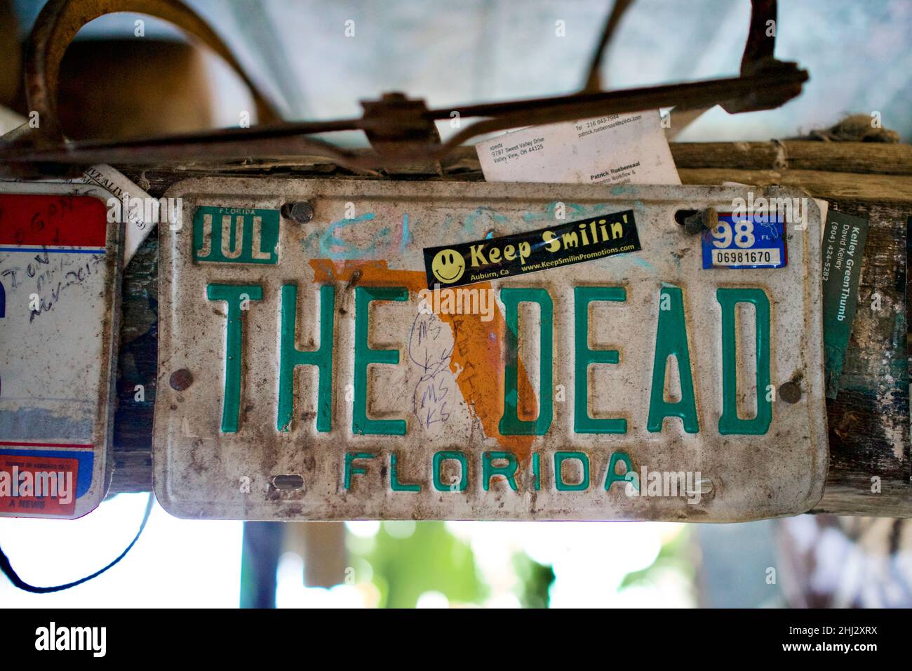 B.O.’s Fish Wagon, situata in Caroline Street a Key West, Florida. Cibo offbeat in un sacco di legno di driftwood che distribuisce pesce fritto, frittelle di conca. Foto Stock