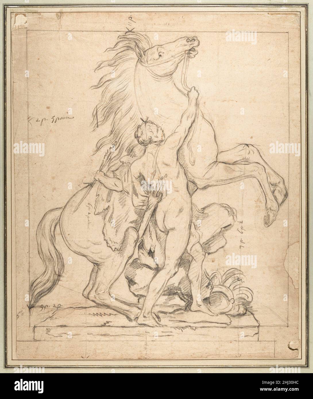 Studio per una delle 'Chevaux de Marly' ca. 1740 Guillaume Coustou il Vecchio Francese questo studio è legato alla Chevaux de Marly (cavalli di Marly), una delle più famose sculture marmoree su larga scala del periodo, commissionata dal re nel 1739. Le statue furono spostate all'interno del Louvre nel 1985 e rimpiazzate con le copie in cemento che ora fiancheggiano l'ingresso ai Giardini Tuileries di Parigi. La corrispondenza sopravvissuta tra funzionari francesi spiega come due disegni di Coustou con profili dei blocchi furono inviati a Roma nel 1740 per aiutare l'acquisto di pezzi appropriati di marbl di Carrara Foto Stock