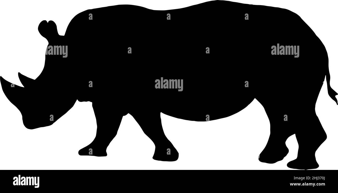 Disegno vettoriale della silhouette del profilo di Rhinoceros in nero su sfondo bianco Illustrazione Vettoriale