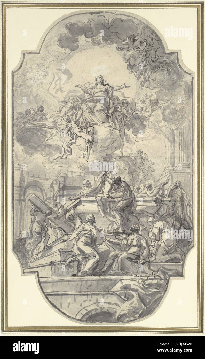 L'Assunzione della Vergine 1751 Francesco de Mura Italian il maestro napoletano tardo-barocco Francesco de Mura eseguì tre grandi tele da soffitto raffiguranti l'Assunzione della Vergine, tutte fortemente influenzate dall'esempio del suo grande maestro Francesco Solimena (1656-1747). La prima di queste fu un'Assunzione dipinta intorno al 1727 sulla volta della sacrestia dell'Annunziata ad Airola, nei pressi di Benevento, per la quale nel Pio Monte della Misericordia di Napoli si trova un disegno ad olio. Nel 1737 De Mura firmò e datò un dipinto a soffitto su tela destinato ad una chiesa di Gallipoli ed ora Foto Stock