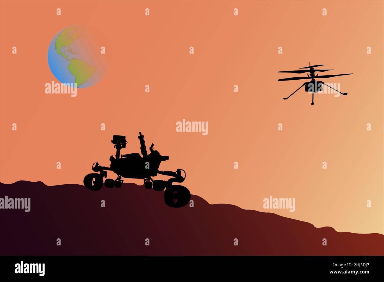 Marte rover e elicottero sulla superficie Marte di fronte al sole con il pianeta Terra sul terreno di imballaggio. Marte esplorazione concetto. Illustrazione vettoriale. Illustrazione Vettoriale