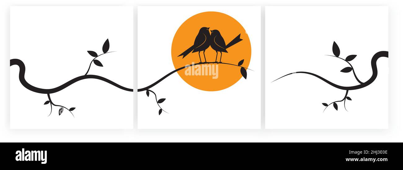 Uccelli sul ramo al tramonto, vettore. Design minimalista in tre pezzi. Immagini di silhouette di uccelli isolate su sfondo bianco. Arte da parete Illustrazione Vettoriale