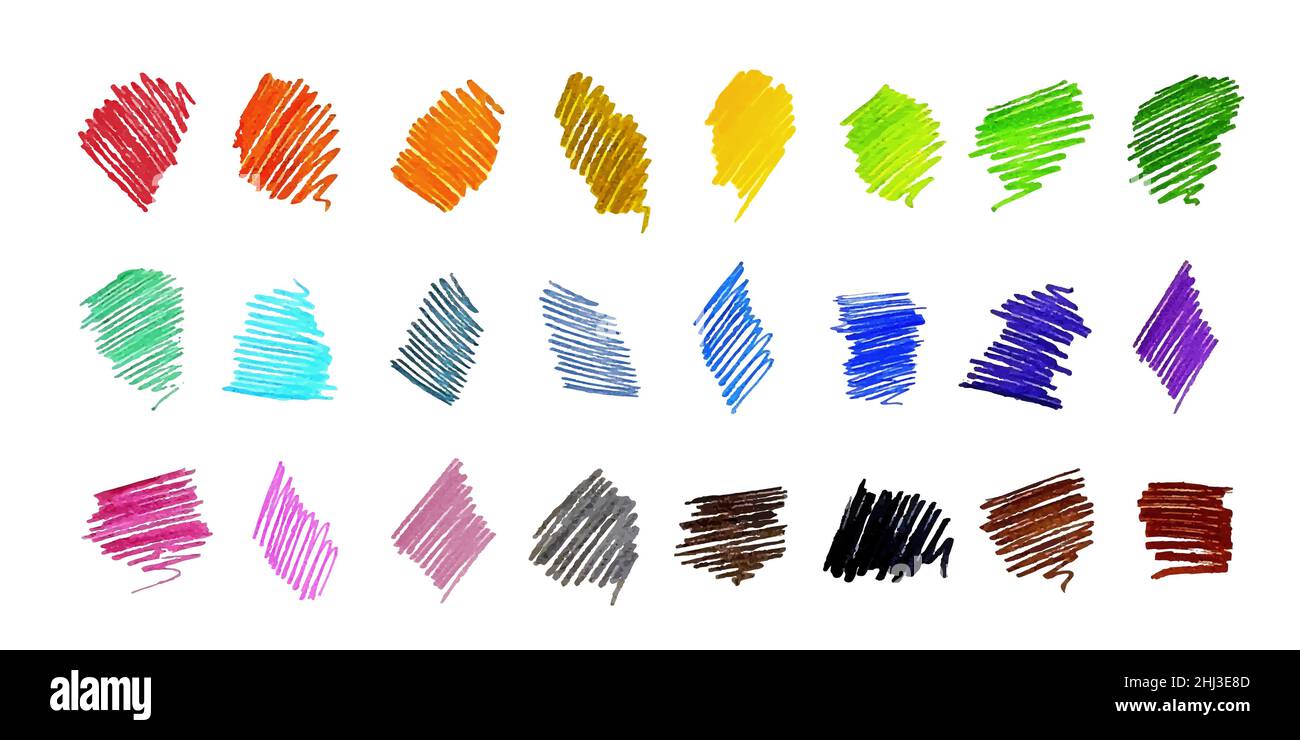 Segni di fondo luminosi, tracce realizzate con pennarelli in feltro di vari colori. Indicazione astratta, tentativo di test penna, scarabocchi campione, cova grungy isol Illustrazione Vettoriale