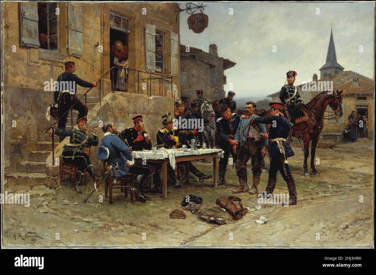 Il dispaccio-portatore 1880 Alphonse-Marie-Adolphe de Neuville Francese il dispaccio-portatore è stato esposto al Salone del 1881. Come de Neuville ha spiegato nel catalogo della mostra, questo dipinto raffigura un incidente della guerra franco-prussiana, 1870–71. Un soldato francese, travestito da contadino, è stato catturato durante un tentativo di passare attraverso le linee tedesche che circondano la città francese di Metz. Sapeva che quando gli ufficiali tedeschi finivano la ricerca e l'interrogazione sarebbe stato fucilato. Metz capitolò dopo un assedio di cinquantaquattro giorni, e dopo la guerra la città fu ceduta ai tedeschi. Il p. Attuale Foto Stock