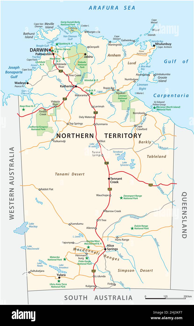 Mappa stradale e parco nazionale del territorio del Nord, Australia Illustrazione Vettoriale