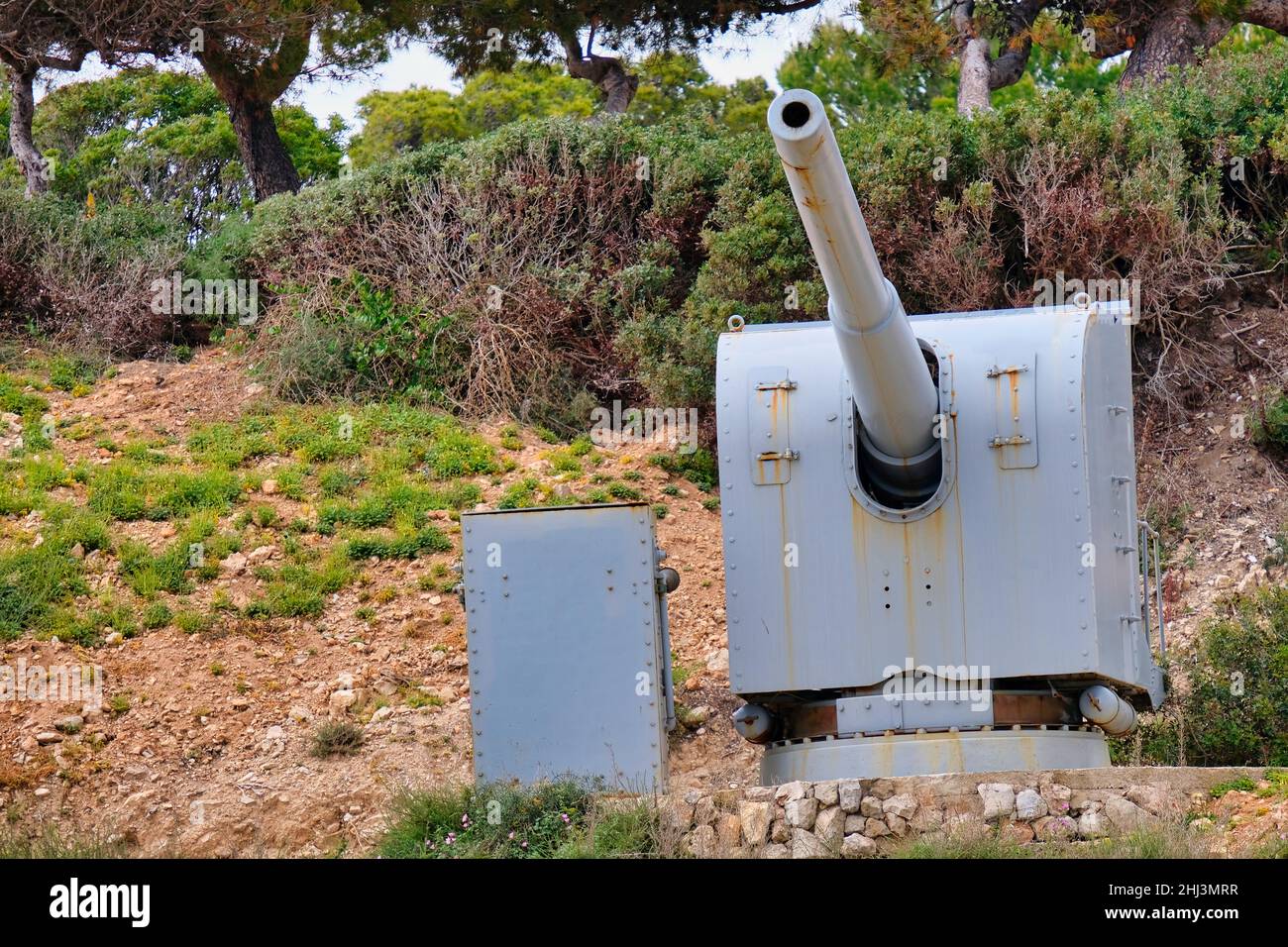 Cannone militare utilizzato per la difesa costiera in Spagna Foto Stock