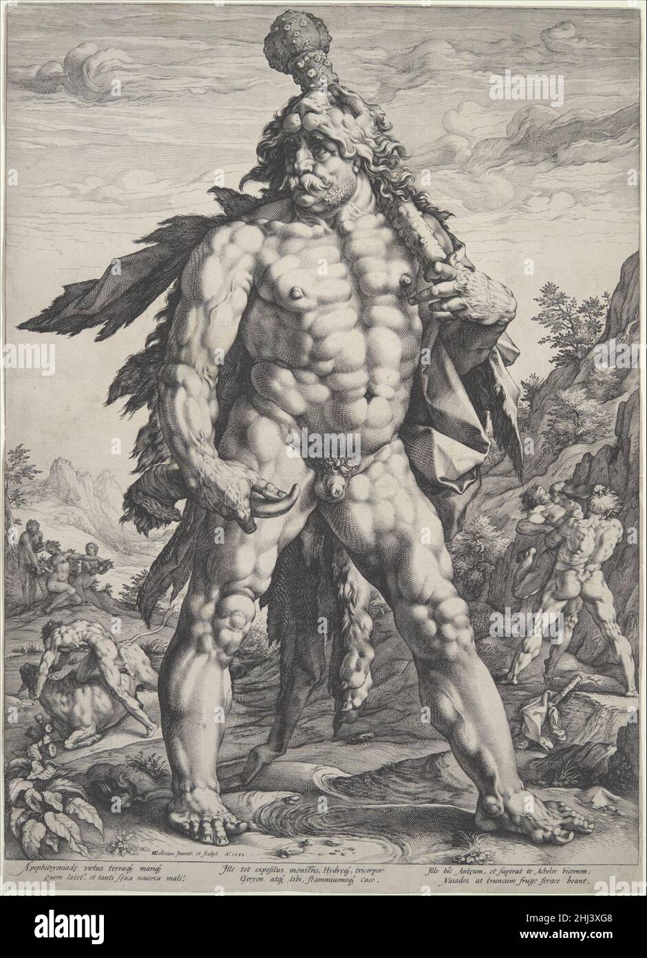 Il grande Ercole 1589 Hendrick Goltzius Netherlandish questa incisione notevole è stata a lungo conosciuta come il Knollenman, o uomo bulbo. Mostra lo stile di figura del muscolo-rigonfiamento di Goltzius al relativo estremo. Questo Ercole è quasi una versione gonfiata del lithe Apollo di un anno prima (51.501.3). Hercules era spesso associato con gli olandesi nella loro ribellione contro la Spagna, e una interpretazione del suo aspetto strano è che era inteso come un'incarnazione della nazione olandese.questo pezzo stupefacente esemplifica la fiducia evidente nel lavoro di Goltzius della fine del 1580s. il swe profondamente tagliato Foto Stock