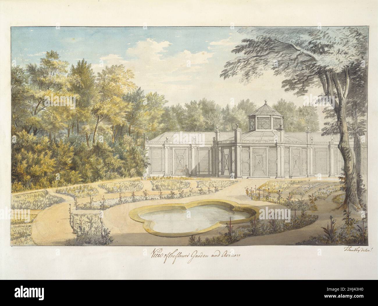 View of the Flower Garden and Aviary at Kew 1763 Thomas Sandby British Leaf 39 in William Chambers album of drawings, 'Plans, Elevations, Sections, and Perspective views of the Gardens and Buildings of Kew' (25,19). Vista del Giardino dei Fiori e Aviario a Kew 360548 Foto Stock