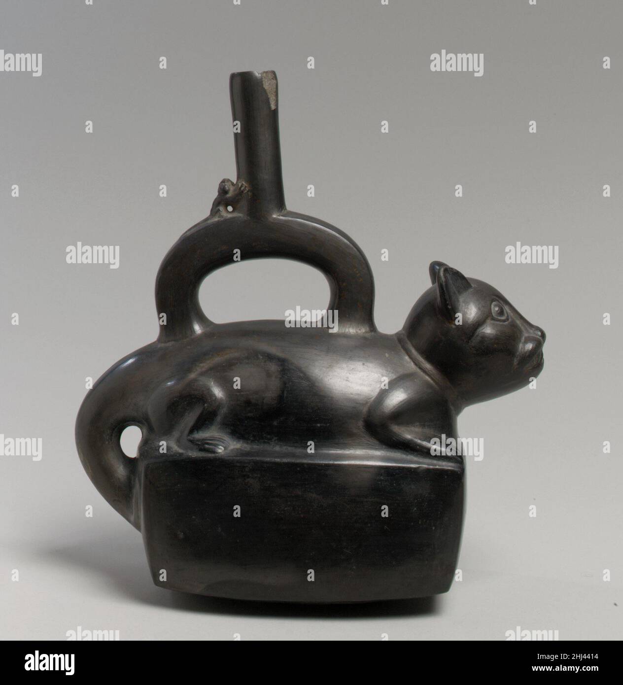 Bottiglia felina 12th–15th secolo Chimú già all'inizio del secondo millennio a.C., gli artisti del Perù settentrionale produssero ceramiche di notevole raffinatezza tecnica, fascino estetico e complessità iconografica. All'epoca in cui questa nave fu realizzata, quasi 3.000 anni dopo dai vasai della cultura Chimú, la produzione ceramica enfatizzò l'efficienza e la ripetizione piuttosto che l'eccellenza artistica e tecnologica. Anche se i vasai di Chimú utilizzavano le forme, le immagini e le tecniche impiegate dai loro predecessori, i loro prodotti possono a volte apparire prodotti di massa in confronto. Tuttavia, alcune navi, Foto Stock