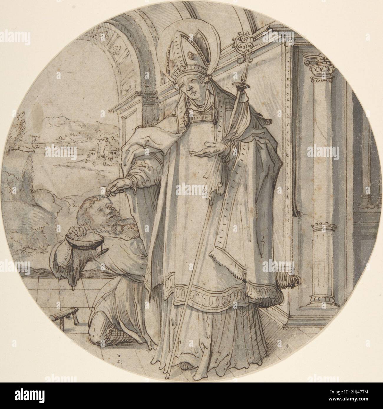 Sainly Prelate distribuzione ALMS 1505–62 attribuito a Christoph Amberger tedesco. Sainly Prelate che distribuisce ALMS 334770 Foto Stock