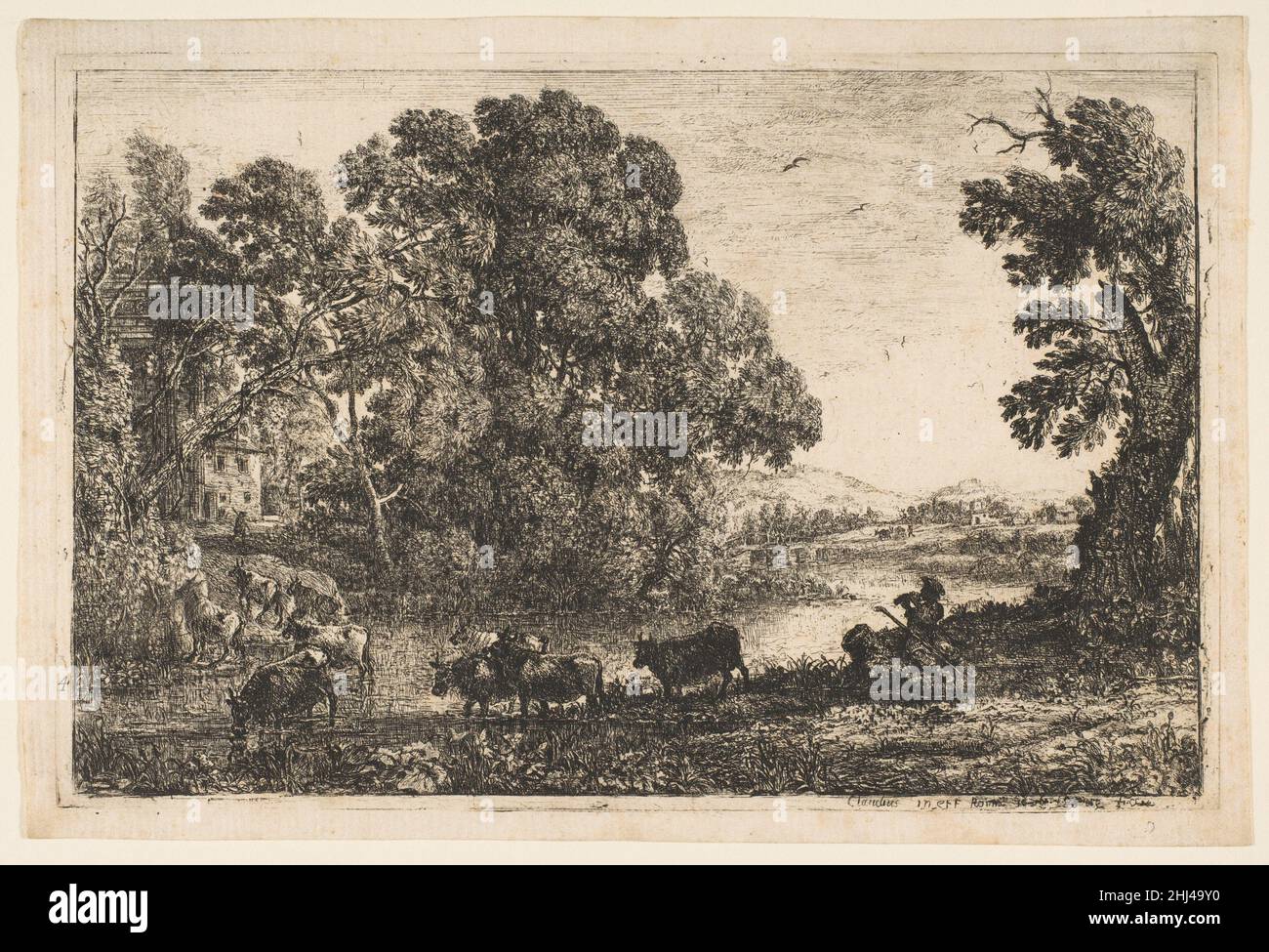 Il Cowherd 1636 Claude Lorrain (Claude Gellée) Francese il Cowherd è una delle stampe più ammirate di Claude. Con l'ago di incisione di grande delicatezza, ha creato una scena bucolica e lussureggiante in un formato piccolo. La varietà della natura può essere sentita nella fitta fascia di alberi sulla riva opposta e le erbe e fogliame in primo piano. Il cowherd di riposo è silhouetted contro una vista solare visibile oltre la curva nel fiume. The Cowherd 381351 Artist: Claude Lorrain (Claude Gell?e), French, Chamagne 1604/5??1682 Rome, The Cowherd, 1636, Acquaforte; terzo stato di sei (Mannocci), foglio: 5 1/2 Foto Stock