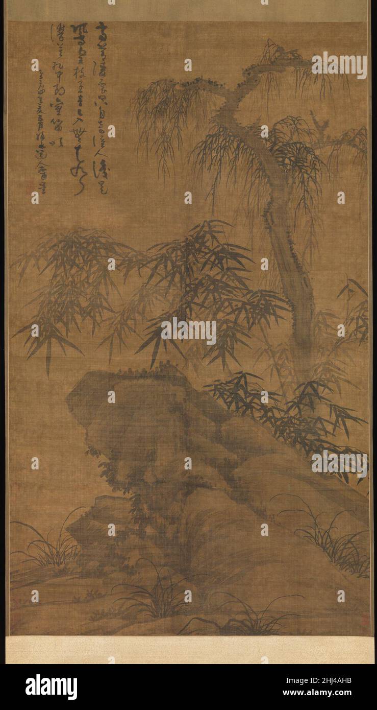 Bambù, albero vecchio e roccia datati 1338 Wu Zhen Cinese questo dipinto mostra l'adattamento creativo di Wu Zhen del genere 'albero vecchio, bambù e rock' canonizzato per la prima volta da artisti-studiosi dell'XI secolo. La grande scala del dipinto e l'uso di forme sovrapposte e sfumature di inchiostro per creare un'illusione di recessione, e di inchiostro ricco e umido per evocare l'aspetto del fogliame dopo una pioggia adrenante, ricordano il naturalismo descrittivo dei precedenti della dinastia Song. Ma Wu ha temperato questo approccio naturalistico con una nuova assertività calligrafica ispirata all'opera di Zhao Mengfu (1254–1322). Foglie di bambù ha Foto Stock