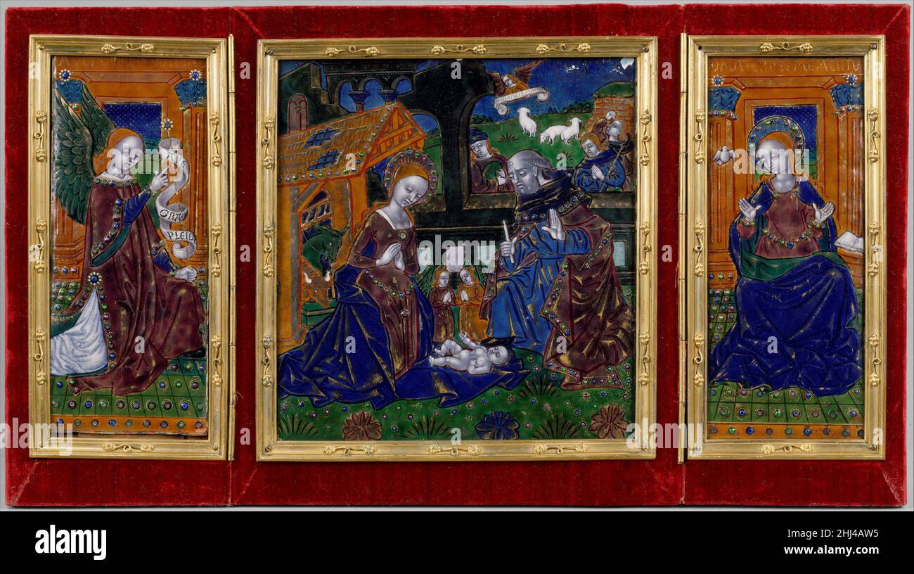 Trittico con la Natività e l'Annunciazione fine 19th-inizio 20th secolo nello stile del Maestro del Trittico Orléans confronto francese di questo trittico con l'opera di un pittore francese di smalto del primo Rinascimento noto come il Maestro del Trittico Orléans, La cui identità artistica è stata riconosciuta per la prima volta in un trittico di smalto raffigurante l'Annunciazione nella collezione del Musée Historique et Archéologique de l'Orléanais, Orléans, dimostra che l'anonimo pittore dell'acquisizione del Metropolitan tendeva a ripetere le composizioni del maestro, ma con i tipi di forma generalizzata e. Foto Stock Trittico con la Natività e l'Annunciazione fine 19th-inizio 20th secolo nello stile del Maestro del Trittico Orléans confronto francese di questo trittico con l'opera di un pittore francese di smalto del primo Rinascimento noto come il Maestro del Trittico Orléans, La cui identità artistica è stata riconosciuta per la prima volta in un trittico di smalto raffigurante l'Annunciazione nella collezione del Musée Historique et Archéologique de l'Orléanais, Orléans, dimostra che l'anonimo pittore dell'acquisizione del Metropolitan tendeva a ripetere le composizioni del maestro, ma con i tipi di forma generalizzata e. Foto Stock