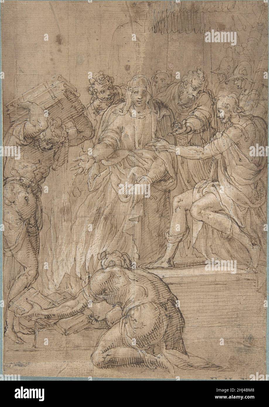 Il Sibyl Cumaean davanti a Tarquin il fiero 16th secolo Niccolò dell' Abate Italiano questa vivace scena narrativa è legata ad un ciclo di affreschi persi per il Palazzo Torfanini di Bologna, che raffigura episodi della vita dell'ultimo re di Roma, Tarquin il fiero. La scena rappresenta il momento critico in cui Re Tarquin decide di acquistare i restanti tre volumi dei libri profetici offerti dal Sibyl Cumaean. Sei di questi volumi stanno già bruciando in primo piano, gettati sulle fiamme quando il re si rifiutò di pagare l'alto prezzo richiesto dalla Sibilla. Anche se Niccolò sinistra Foto Stock
