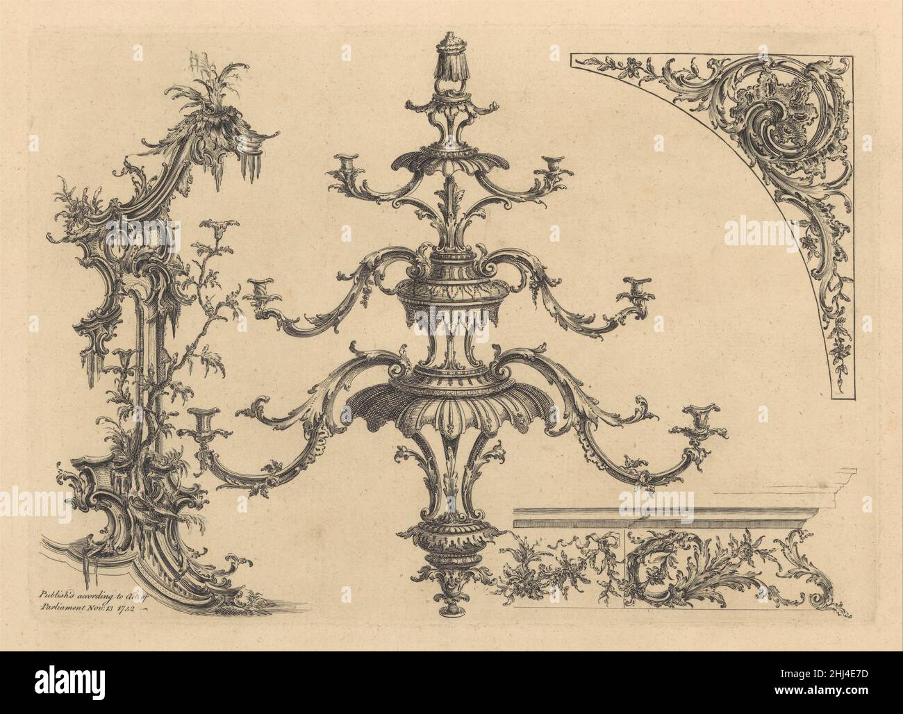 12 lastre da un nuovo libro di ornamenti con dodici foglie, costituito da camini, conci, tavoli, pannelli di spandiera, casse di orologio a molla, Stand, un lampadario e Girandole, ecc.' 13 novembre 1752 progettato e pubblicato da Matthias Lock British. 12 lastre da un nuovo libro di ornamenti con dodici foglie, costituito da camini, conci, tavoli, pannelli di spandiera, casse di orologio a molla, Stand, un lampadario e Girandole, ecc.' 347878 Foto Stock