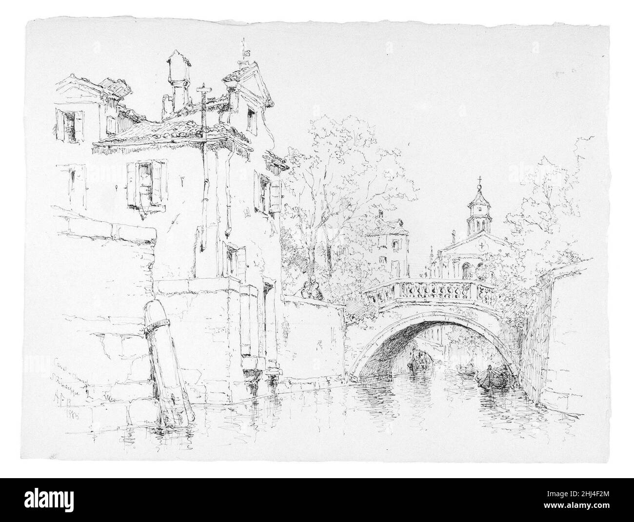 Canale e Chiesa di San Giuseppe, Venezia 1885 Andrew Fisher Bunner. Canale e Chiesa di San Giuseppe, Venezia. Andrew Fisher Bunner (1841-1897). Americano. 1885. Inchiostro nero e grafite su carta biancastra Foto Stock