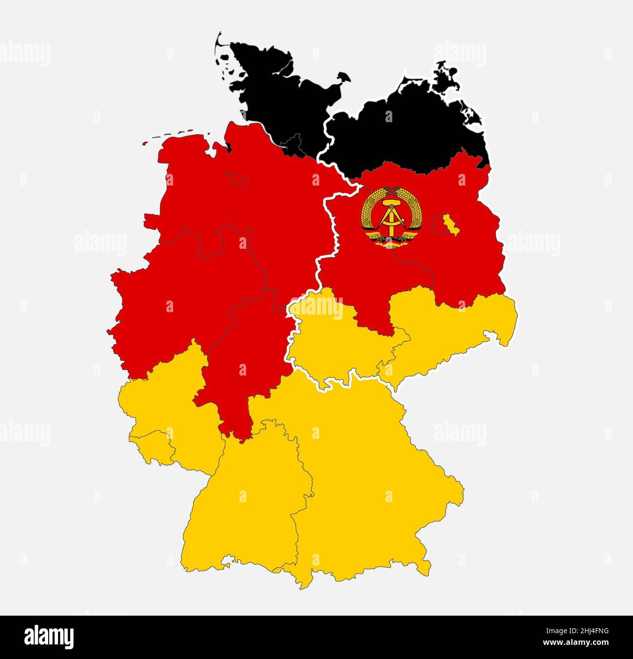 Mappa della Germania divisa in Germania occidentale e orientale con regioni nei colori della bandiera con divisioni amministrative, vuota Foto Stock
