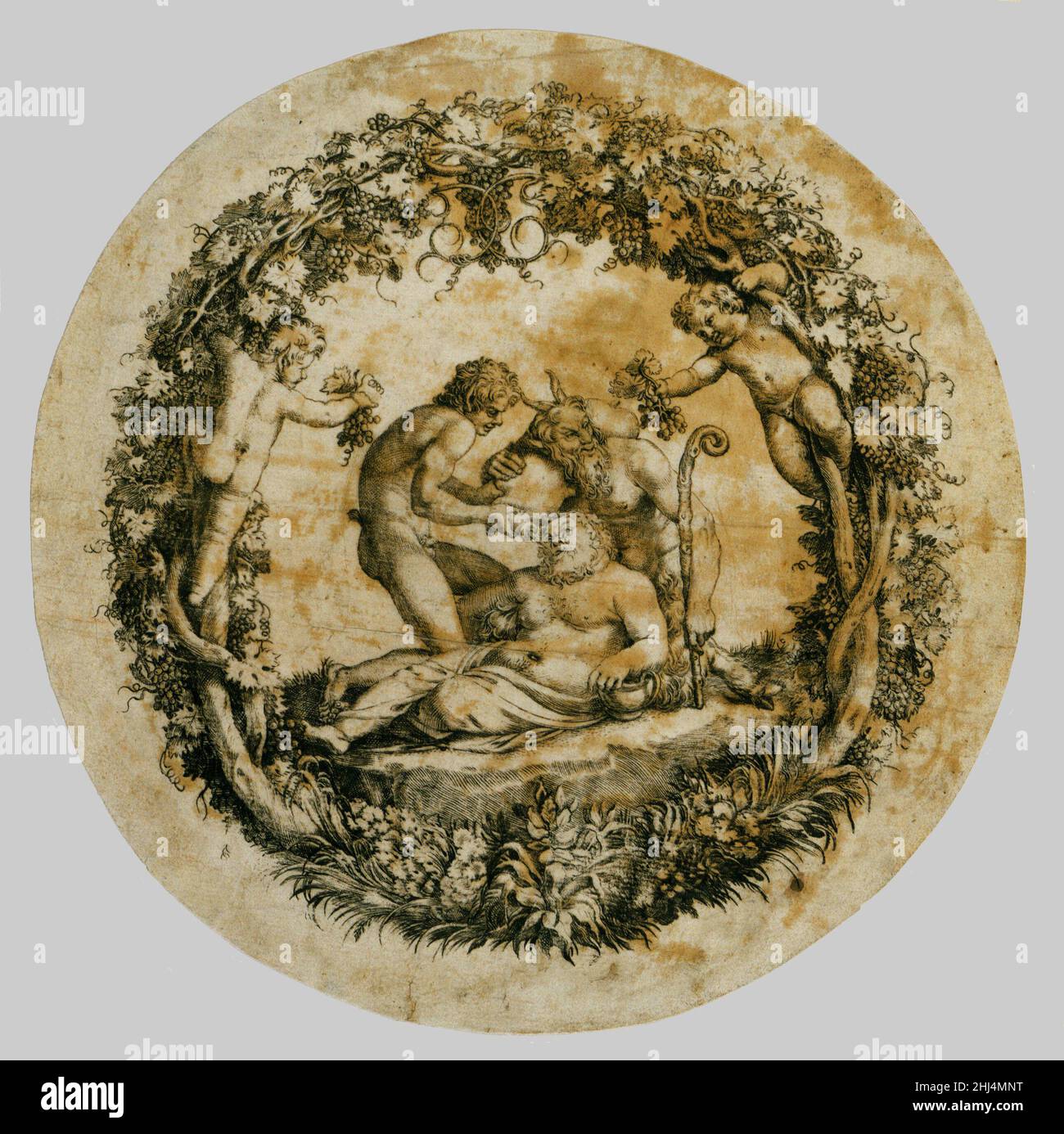 Album Wilton, folio 41: The Drunken Silenus (Tazza Farnese) ca. 1597–1600 Annibale Carracci Italian on folio 41 of the Wilton AlbumPer maggiori informazioni sull'album Wilton Vedi voce per il 27.78.1(1-428)l'impressione è stata presa da una nave poco profonda d'argento - la cosiddetta tazza Farnese - incisa da Annibale Carracci per il cardinale Odoardo Farnese, E ora nel Museo di Capodimonte, Napoli. Carracci ha prodotto una serie di disegni preparatori per questo progetto: Uno di grande sviluppo è al Metropolitan Museum of Art (1972.133.4). Per il Paniere Farnese, inciso da Francesco Villamena dopo Carr Foto Stock