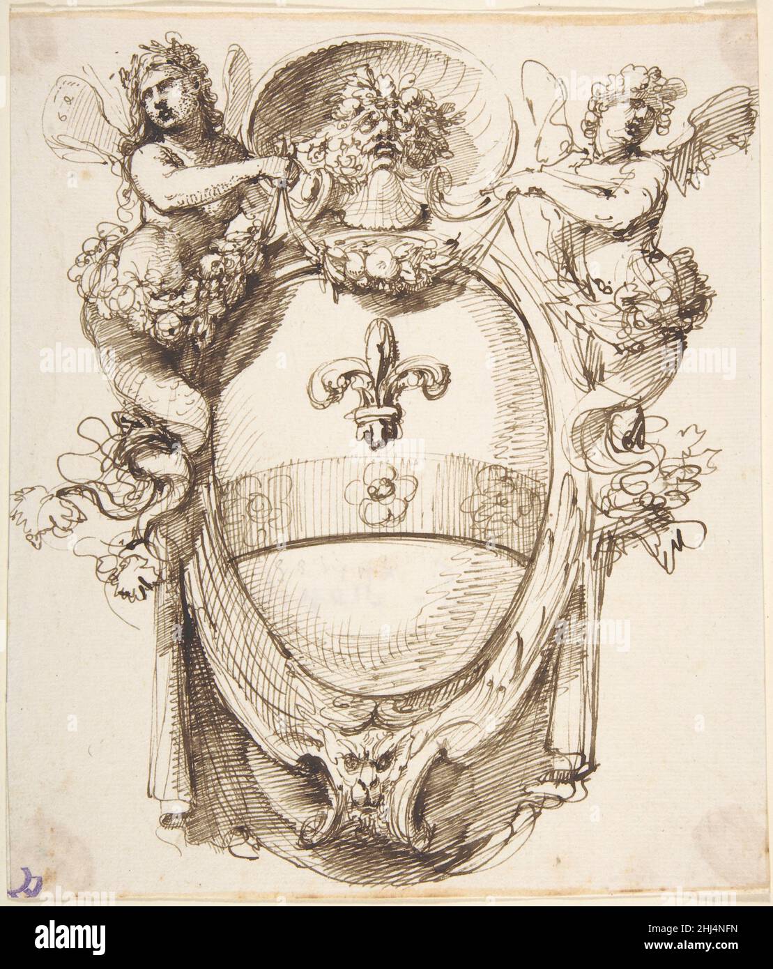 Disegno di una Cartouche fiancheggiata da sirene alate con stemma contenente un Fleur-de-Lis 1732–1802 attribuito a Carlo Bianconi italiano. Disegno per un Cartouche affiancato da sirene alate con stemma contenente un Fleur-de-Lis 344283 Foto Stock