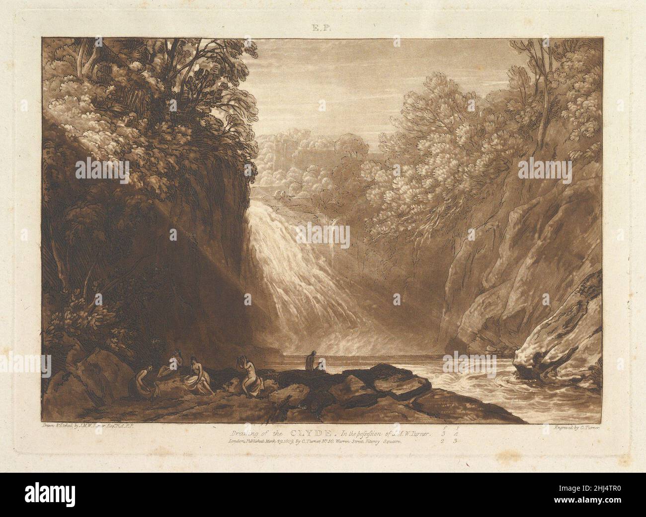 Disegno del Clyde (Liber Studiorum, parte IV, lastra 18) 29 marzo 1809 disegno e incisione di Joseph Mallord William Turner British Turner distillò le sue idee sul paesaggio in 'Liber Studiorum' (latino per il Libro degli Studi), una serie di settanta stampe più un frontespizio pubblicato tra il 1807 e il 1819. Per stabilire le composizioni, ha realizzato disegni acquerelli marroni, poi inciso contorni su lastre di rame. Gli incisori professionali solitamente svilupparono il tono sotto la direzione di Turner, e Charles Turner qui aggiunse un mezzotinta per descrivere un suggestivo rendering di Cora Linn, il più alto della caduta Foto Stock