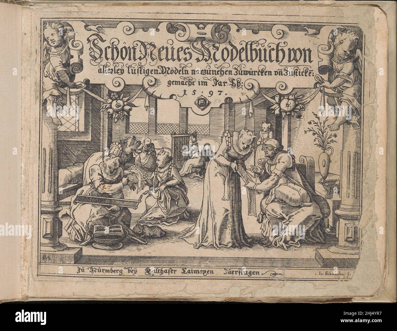 Schön Neues Modelbuch 1597 Johann Sibmacher tedesco progettato da Johann Sibmacher, tedesco, attivo 1590-1611, pubblicato da Caimox, Nürmberg.titolo illustrato firmato CM e Jo. Sibmacher, 7 pagine di testo circondate da bordi decorativi, e 35 pagine di disegni per tessitura, ricamo, e taglio-lino.secondo Lotz sono apparse due edizioni di cui questa è la seconda. La prima edizione è apparsa nel 1597, ma con 8 pagine di righelli quadrati. Questo è il primo libro di modelli tedesco in rame. Si noti che Sibmacher ha firmato il titolo. Nell'angolo sinistro, tuttavia, il monogramma CM è vicino a quello di CH Foto Stock